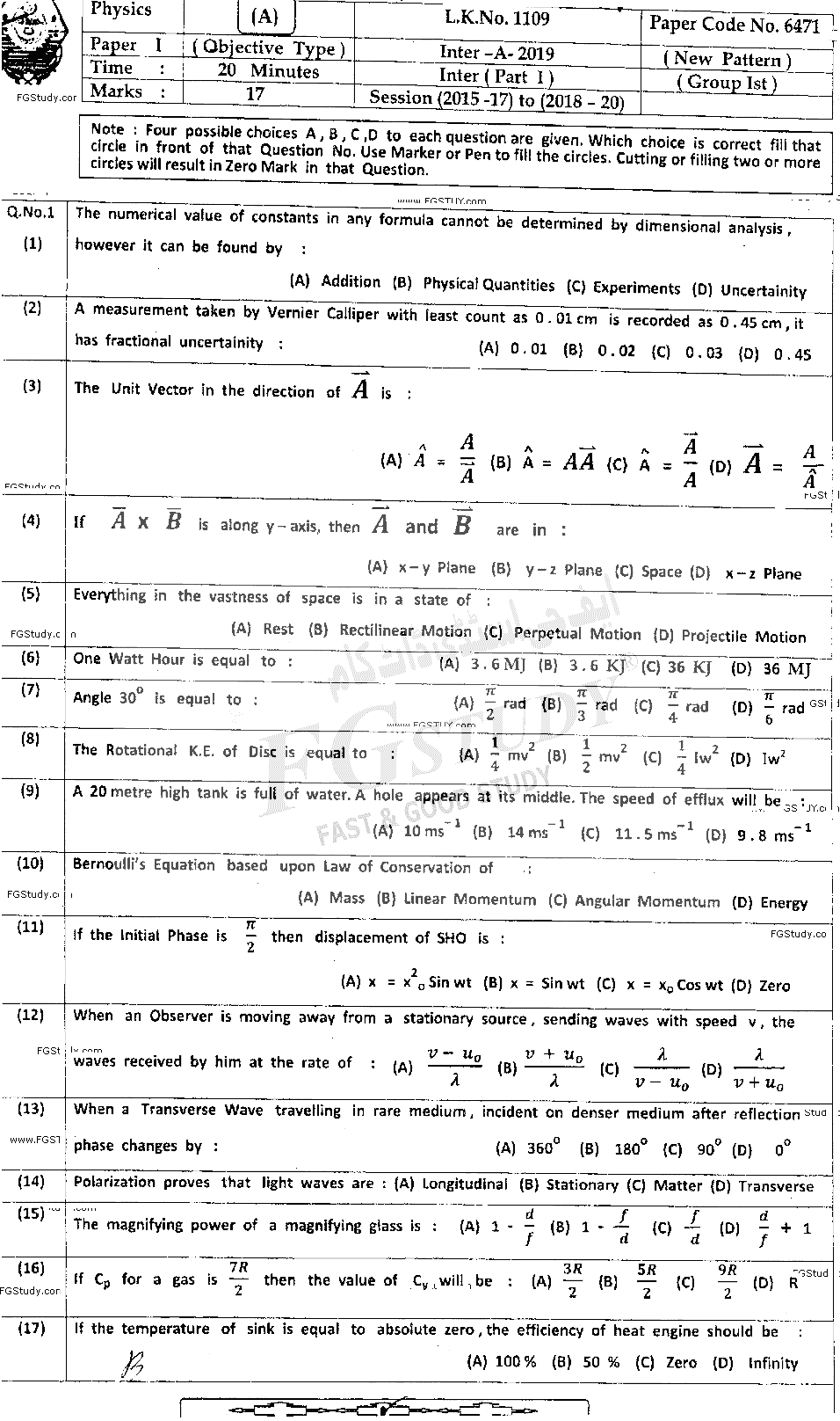 11th Class Physics Past Paper 2019 Bahawalpur Board Group 1 Objective