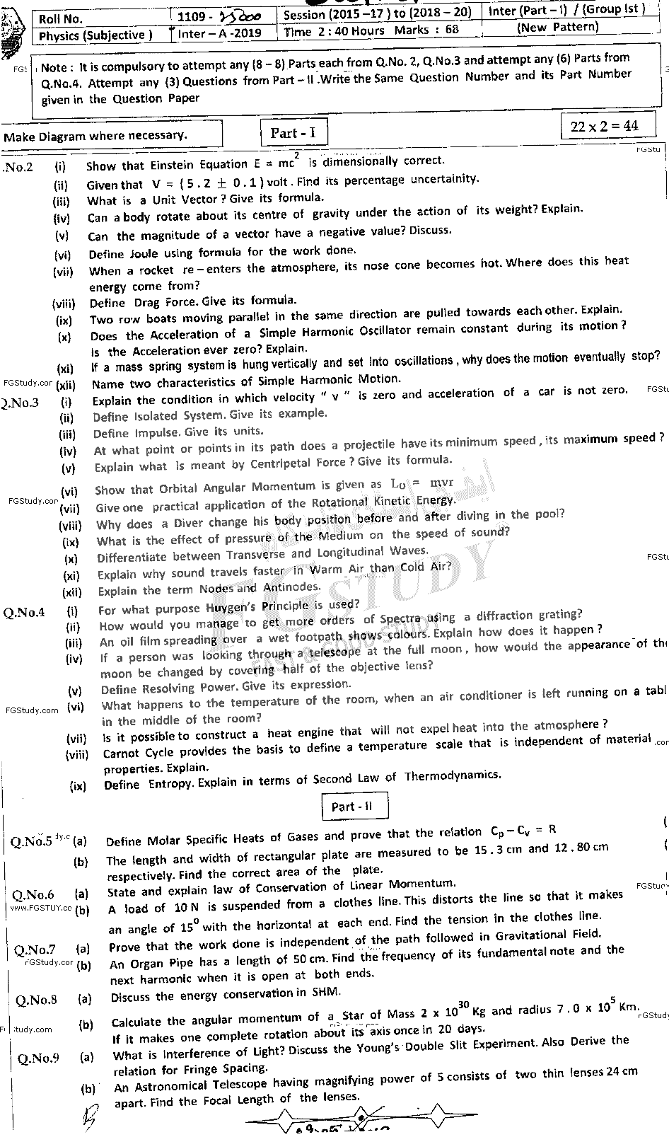 11th Class Physics Past Paper 2019 Bahawalpur Board Group 1 Subjective