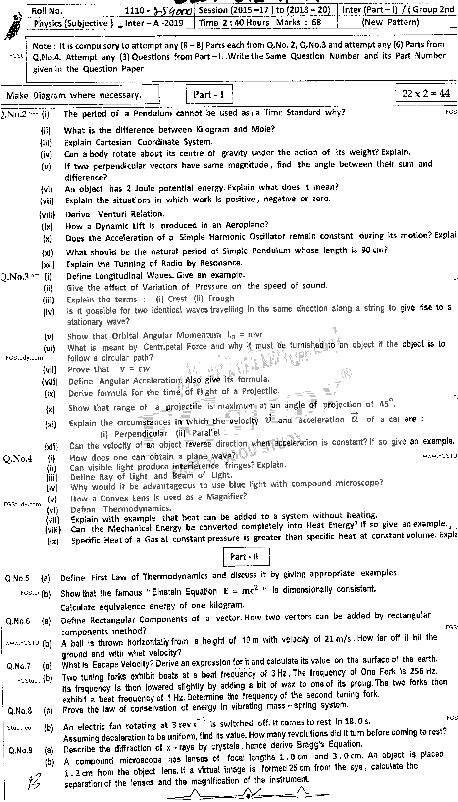 11th Class Physics Past Paper 2019 Bahawalpur Board Group 2 Subjective