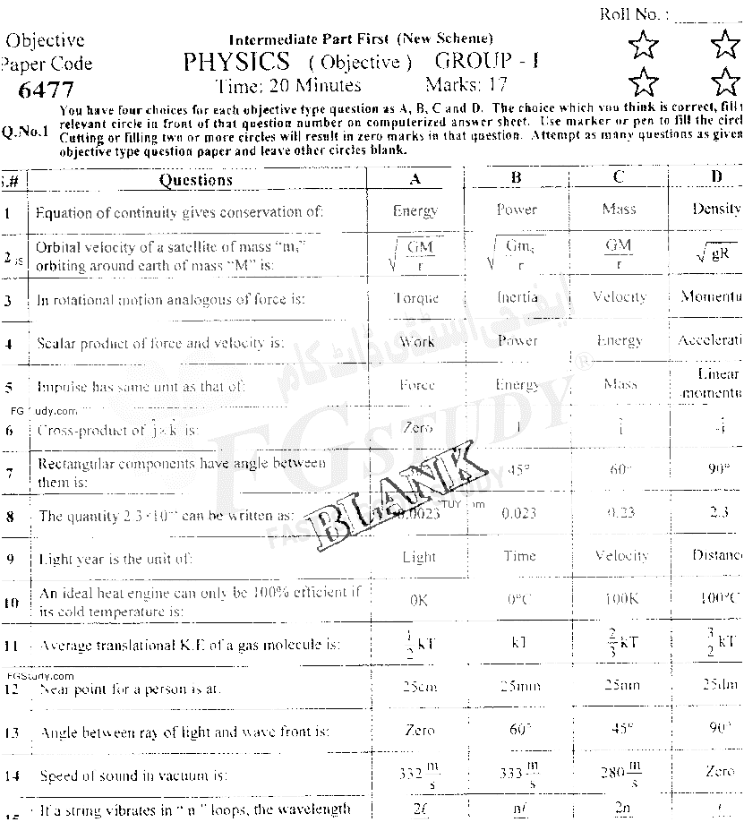 11th Class Physics Past Paper 2019 Faisalabad Board Group 1 Objective