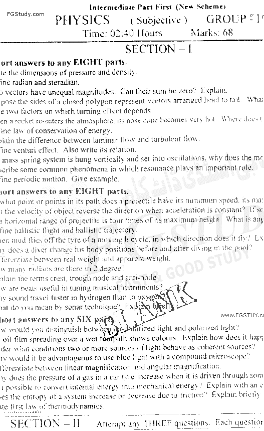 11th Class Physics Past Paper 2019 Faisalabad Board Group 1 Subjective