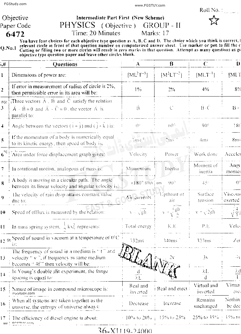 11th Class Physics Past Paper 2019 Faisalabad Board Group 2 Objective