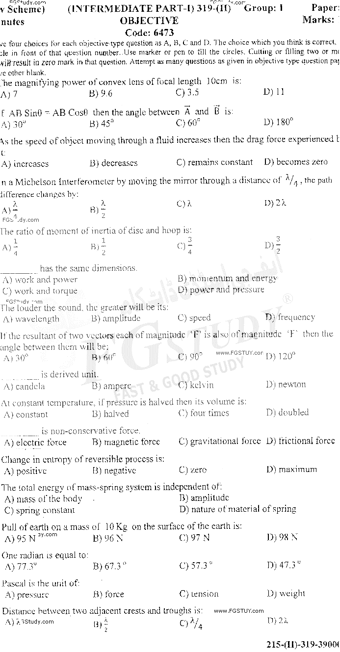 11th Class Physics Past Paper 2019 Gujranwala Board Group 1 Objective