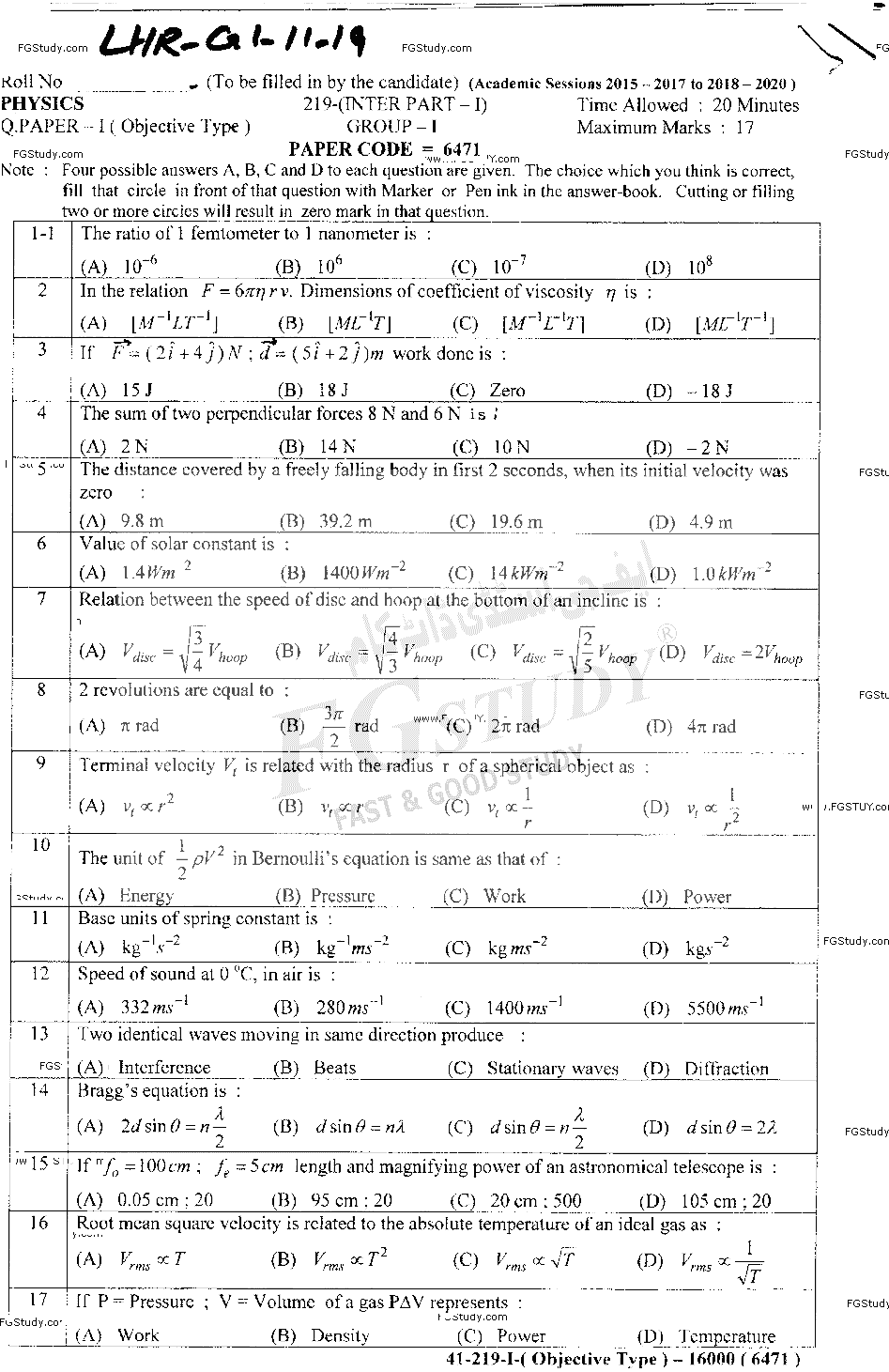 11th Class Physics Past Paper 2019 Lahore Board Group 1 Objective