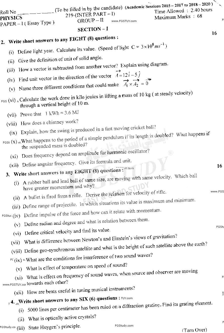 11th Class Physics Past Paper 2019 Lahore Board Group 2 Subjective