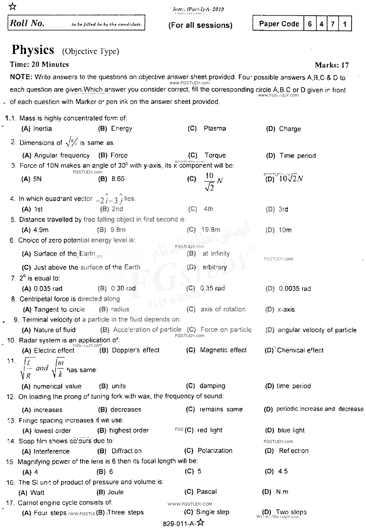 11th Class Physics Past Paper 2019 Rawalpindi Board Objective
