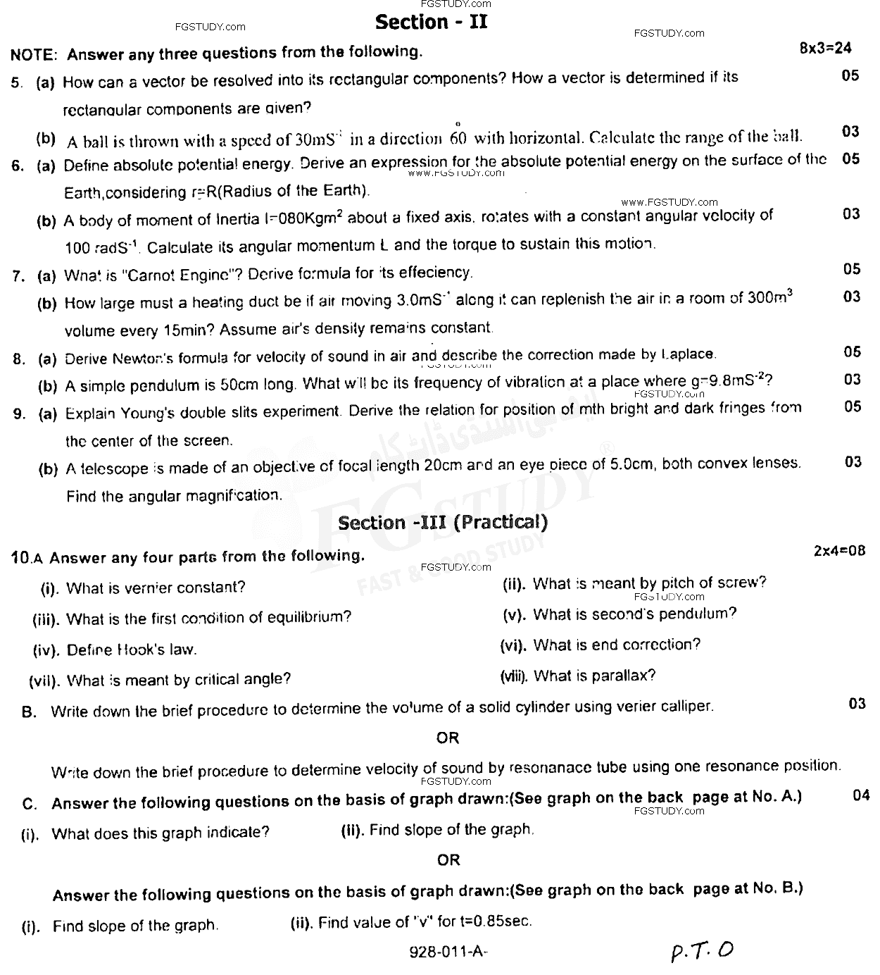 11th Class Physics Past Paper 2019 Rawalpindi Board Subjective