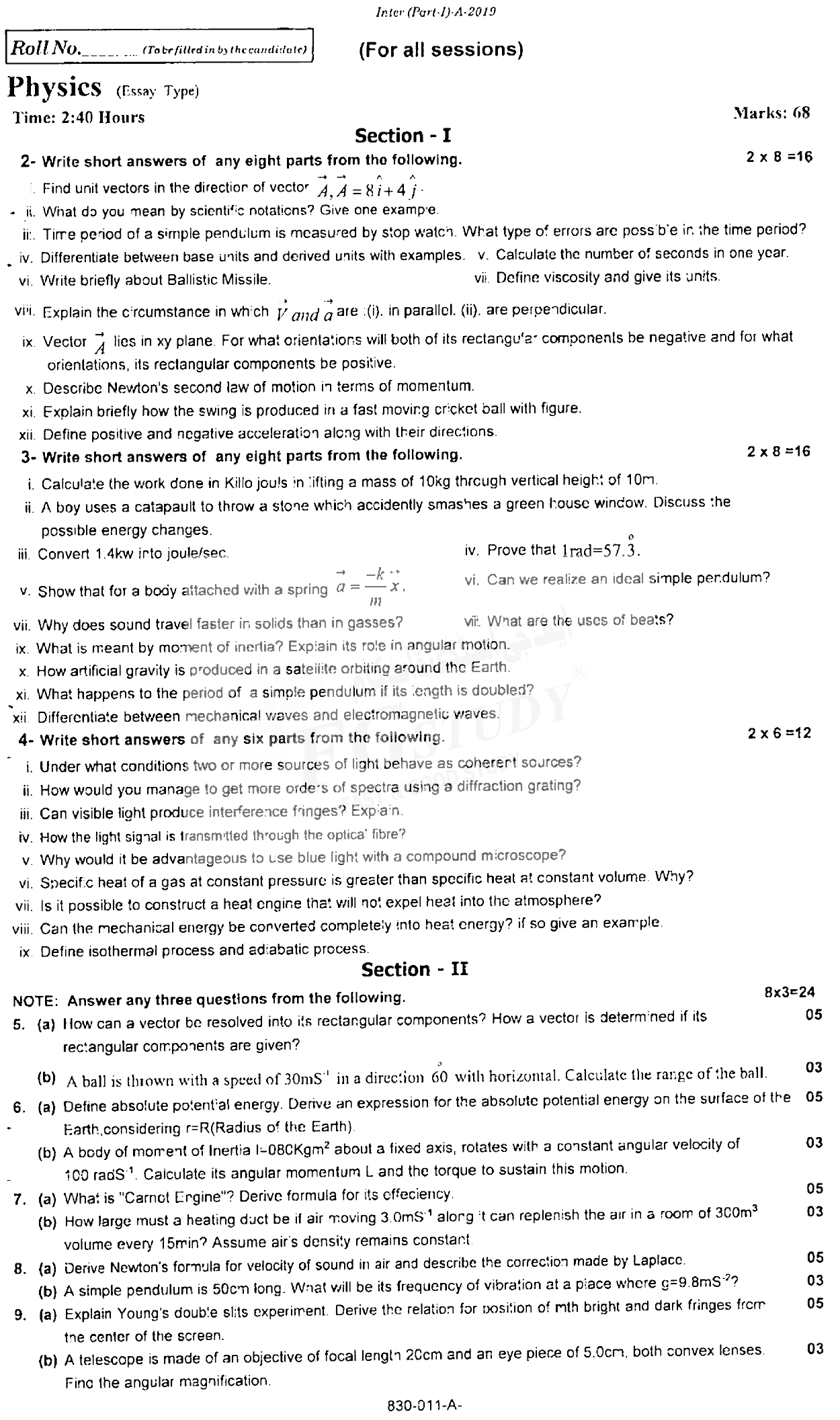 11th Class Physics Past Paper 2019 Rawalpindi Board Subjective