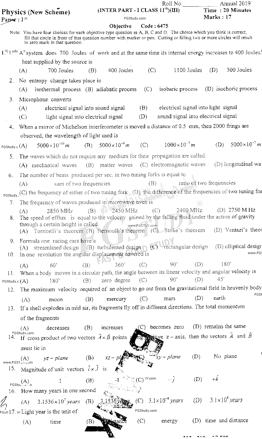 11th Class Physics Past Paper 2019 Sahiwal Board Objective