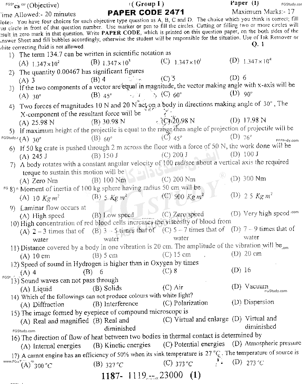 11th Class Physics Past Paper 2019 Sargodha Board Group 1 Objective