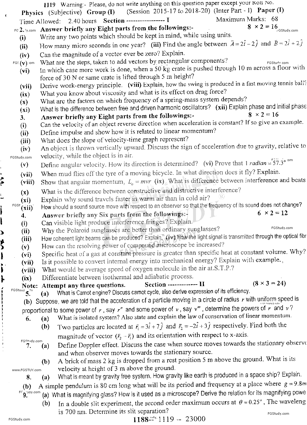11th Class Physics Past Paper 2019 Sargodha Board Group 1 Subjective