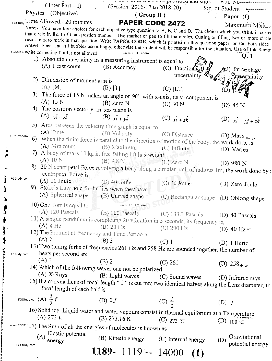 11th Class Physics Past Paper 2019 Sargodha Board Group 2 Objective