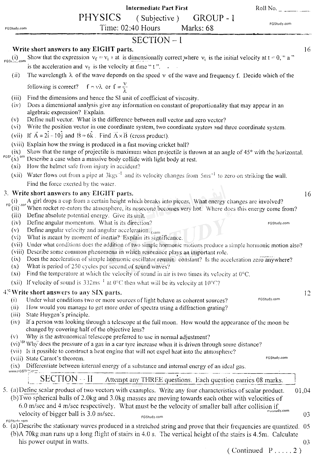 11th Class Physics Past Paper 2021 Faisalabad Board Group 1 Subjective