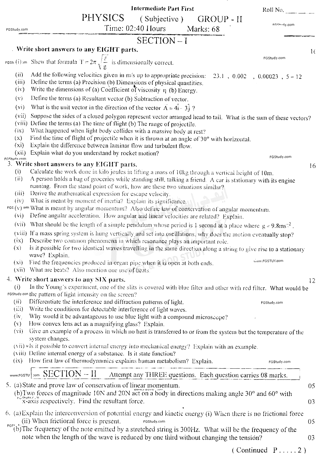 11th Class Physics Past Paper 2021 Faisalabad Board Group 2 Subjective