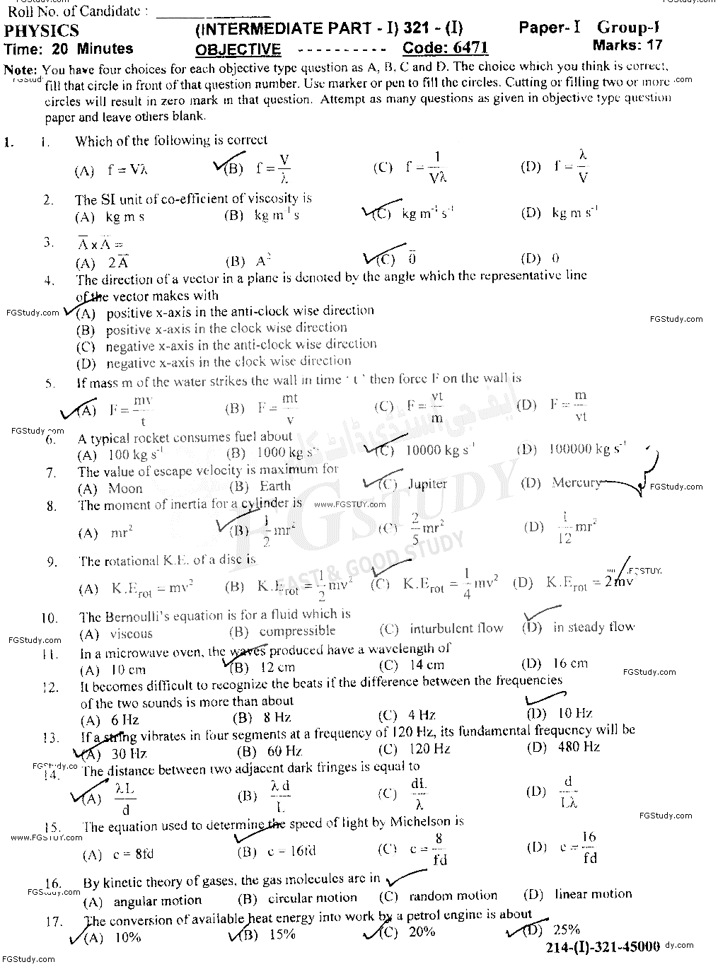 11th Class Physics Past Paper 2021 Gujranwala Board Group 1 Objective