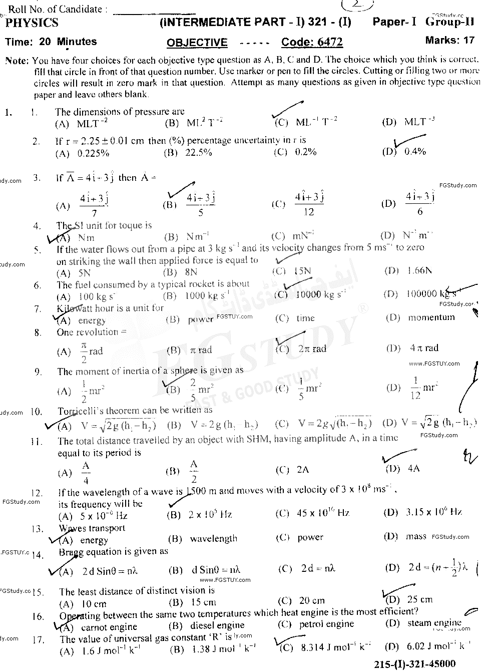 11th Class Physics Past Paper 2021 Gujranwala Board Group 2 Objective