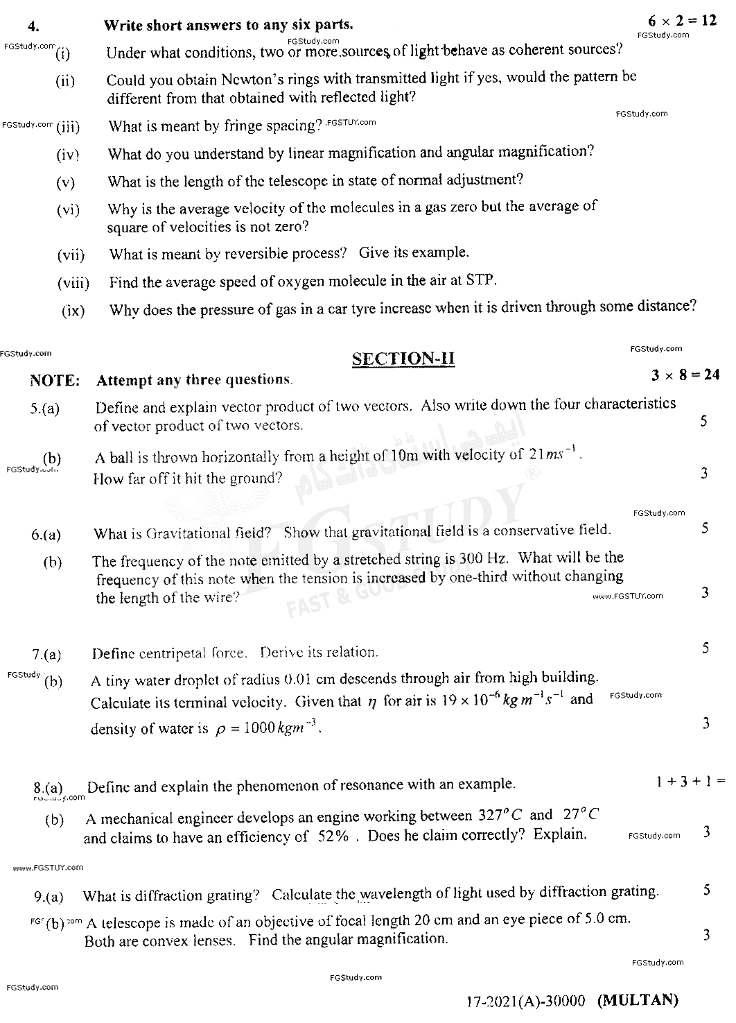 11th Class Physics Past Paper 2021 Multan Board Group 1 Subjective