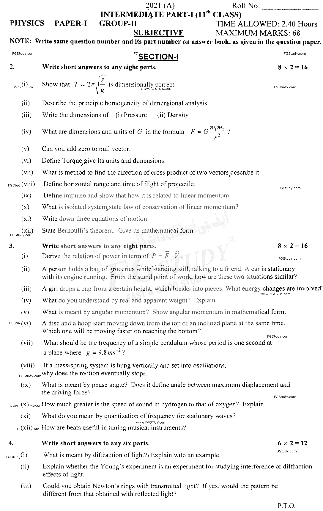 11th Class Physics Past Paper 2021 Multan Board Group 2 Subjective
