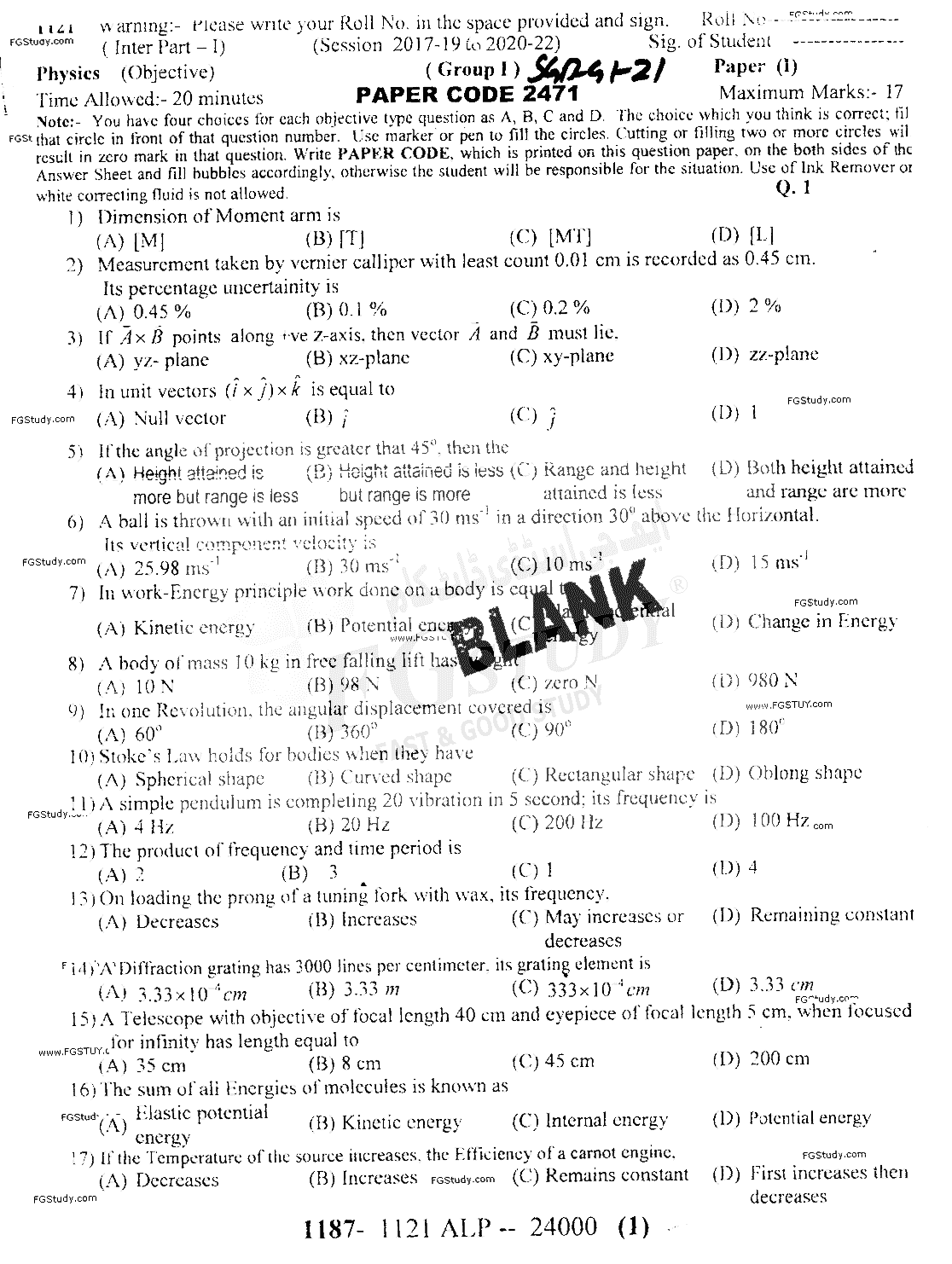 11th Class Physics Past Paper 2021 Sargodha Board Group 1 Objective