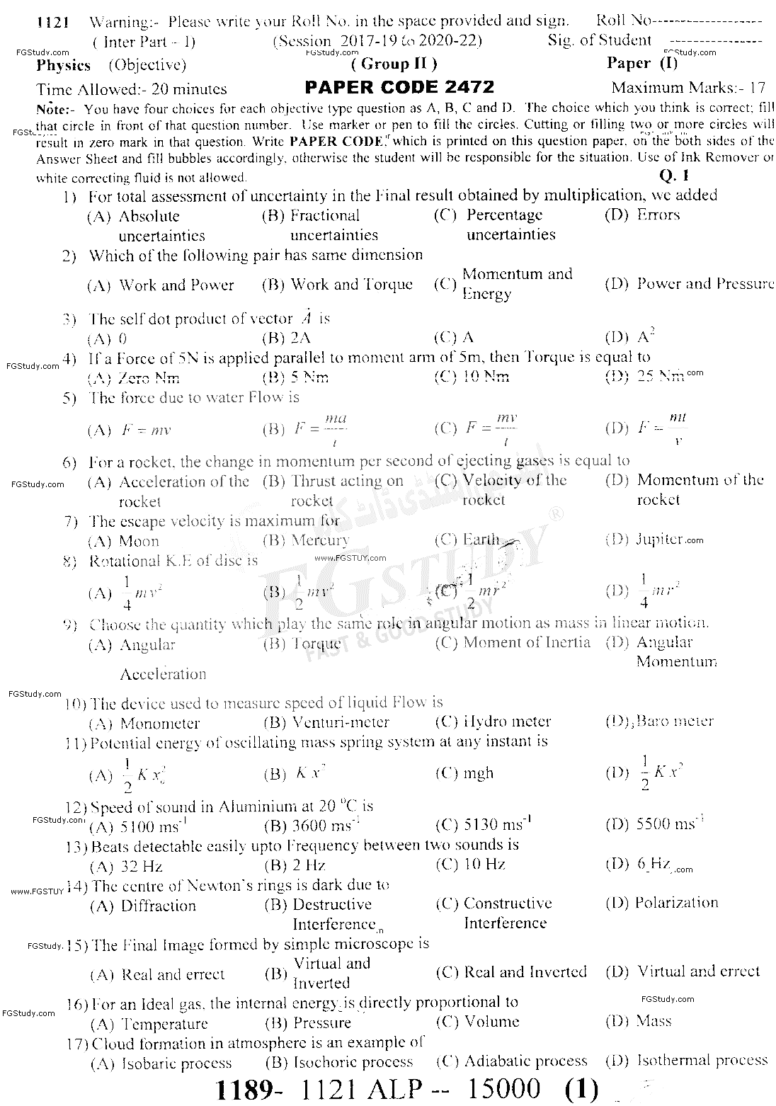 11th Class Physics Past Paper 2021 Sargodha Board Group 2 Objective