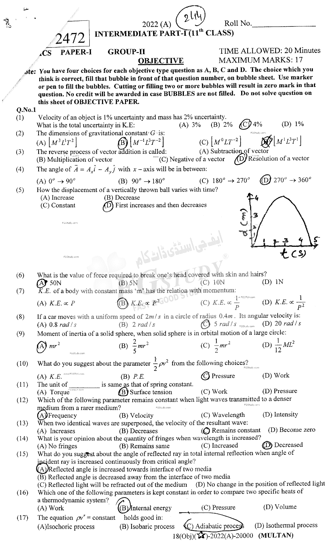 11th Class Physics Past Paper 2022 Multan Board Group 2 Objective