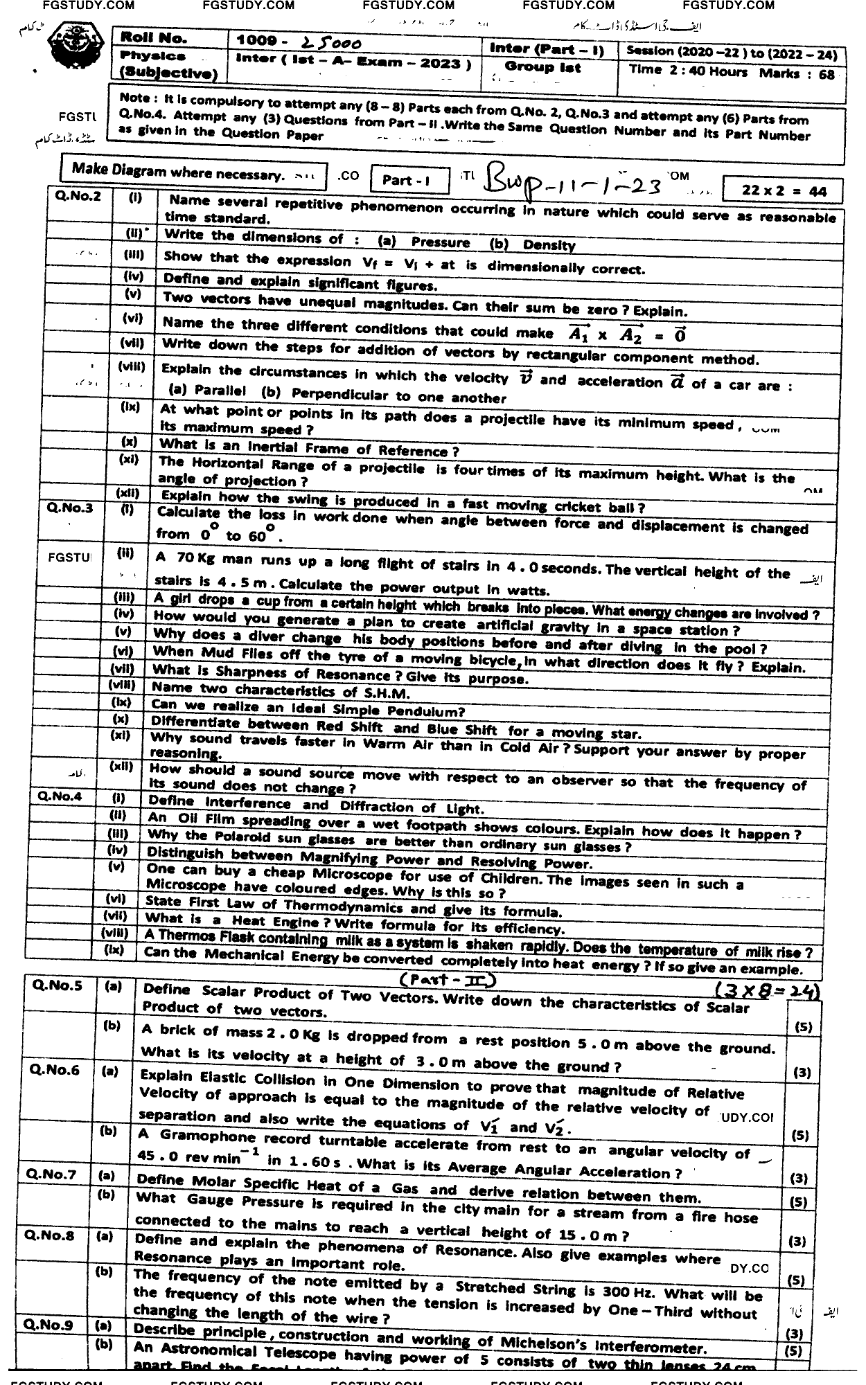 11th Class Physics Past Paper 2023 Bahawalpur Board Group 1 Subjective