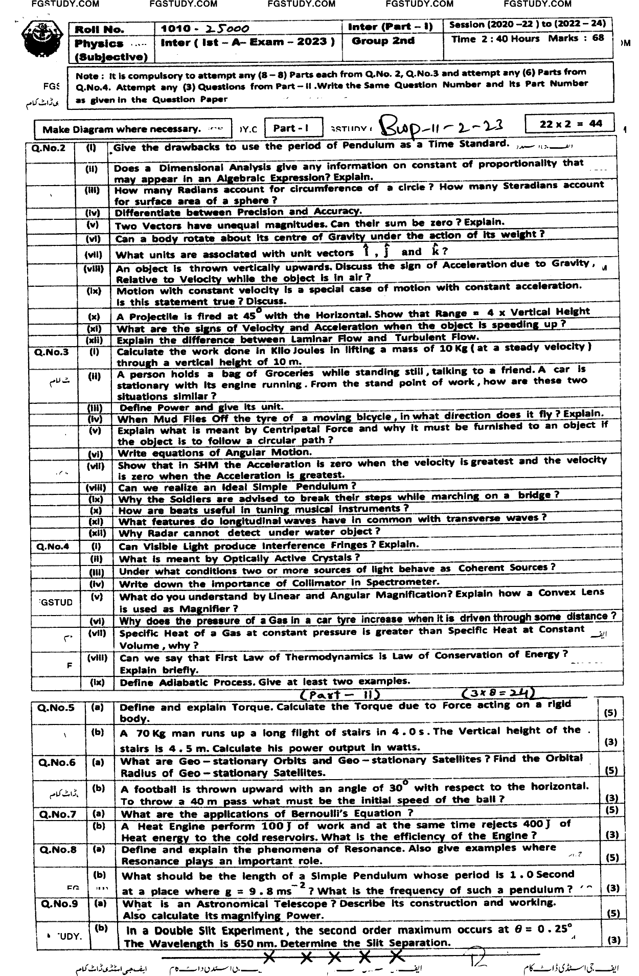 11th Class Physics Past Paper 2023 Bahawalpur Board Group 2 Subjective