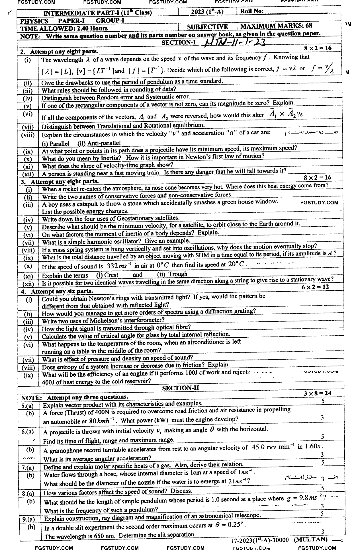 11th Class Physics Past Paper 2023 Multan Board Group 1 Subjective