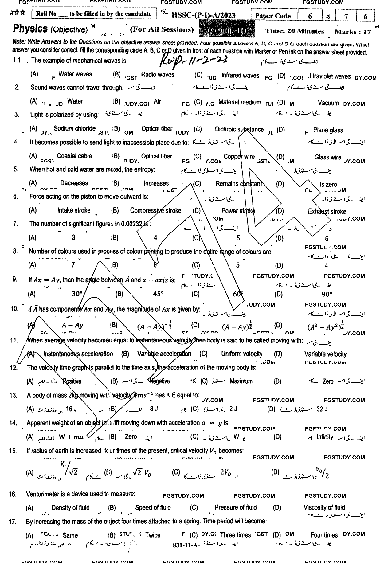 11th Class Physics Past Paper 2023 Rawalpindi Board Group 2 Objective