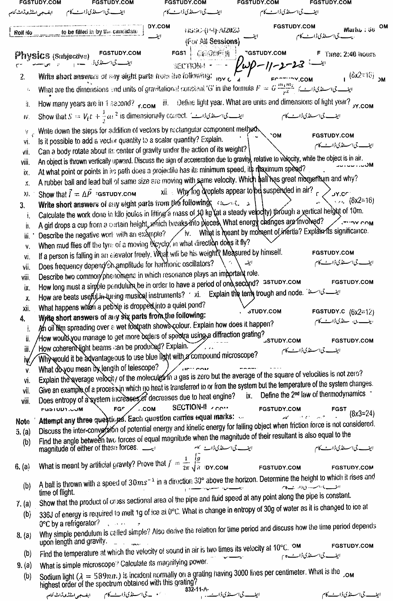 11th Class Physics Past Paper 2023 Rawalpindi Board Group 2 Subjective