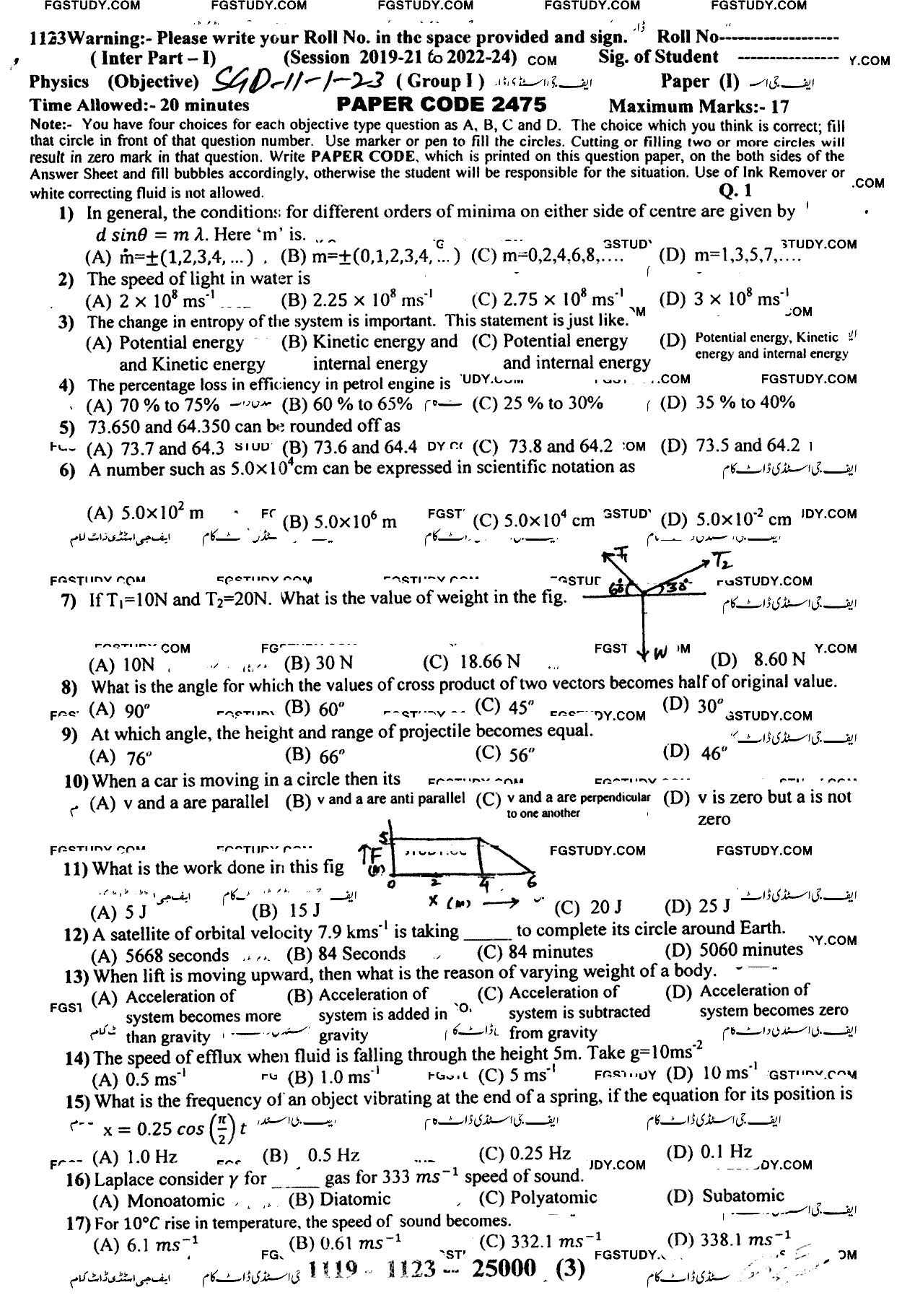 11th Class Physics Past Paper 2023 Sargodha Board Group 1 Objective