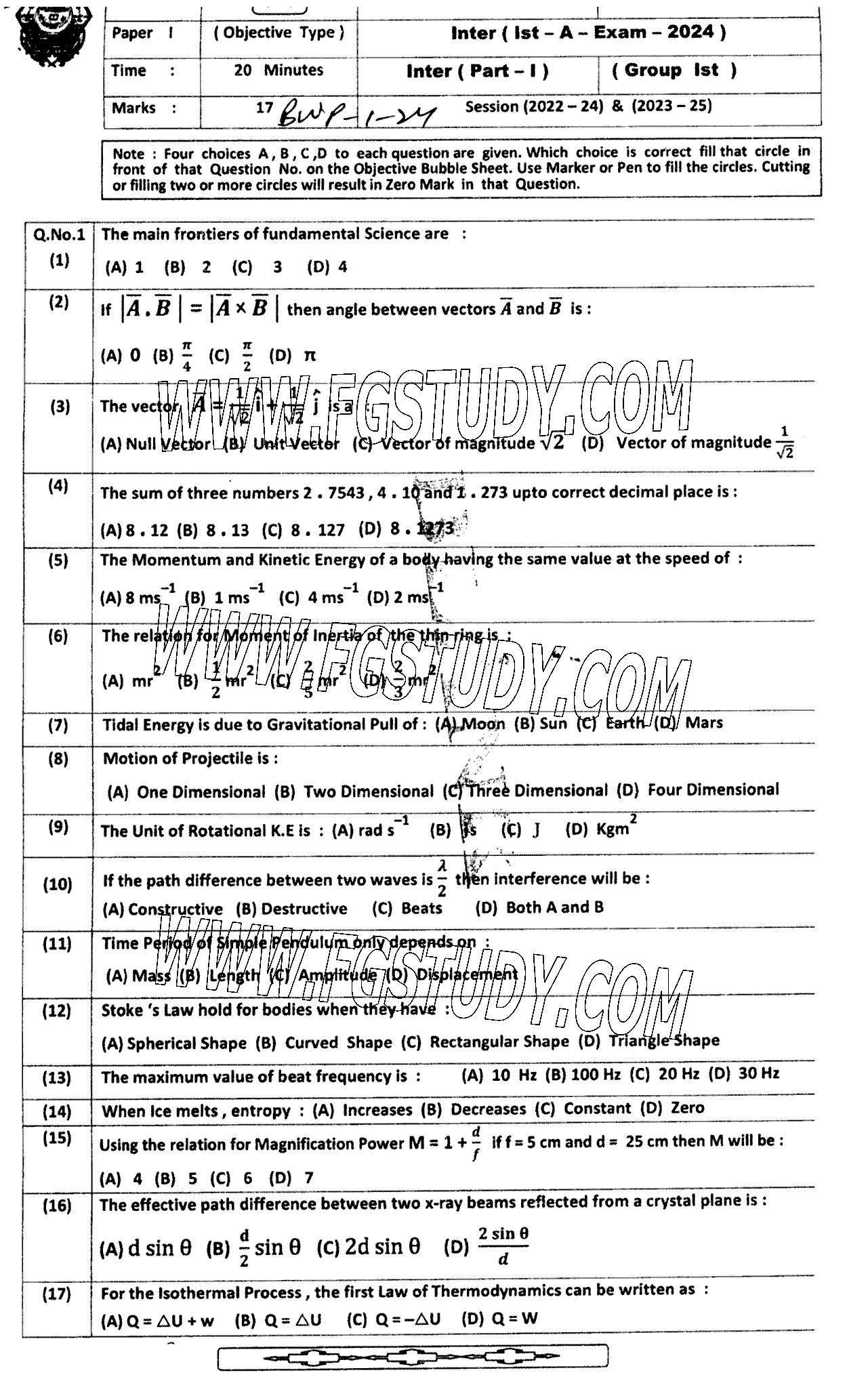 11th Class Physics Past Paper 2024 Bahawalpur Board Group 1 Objective
