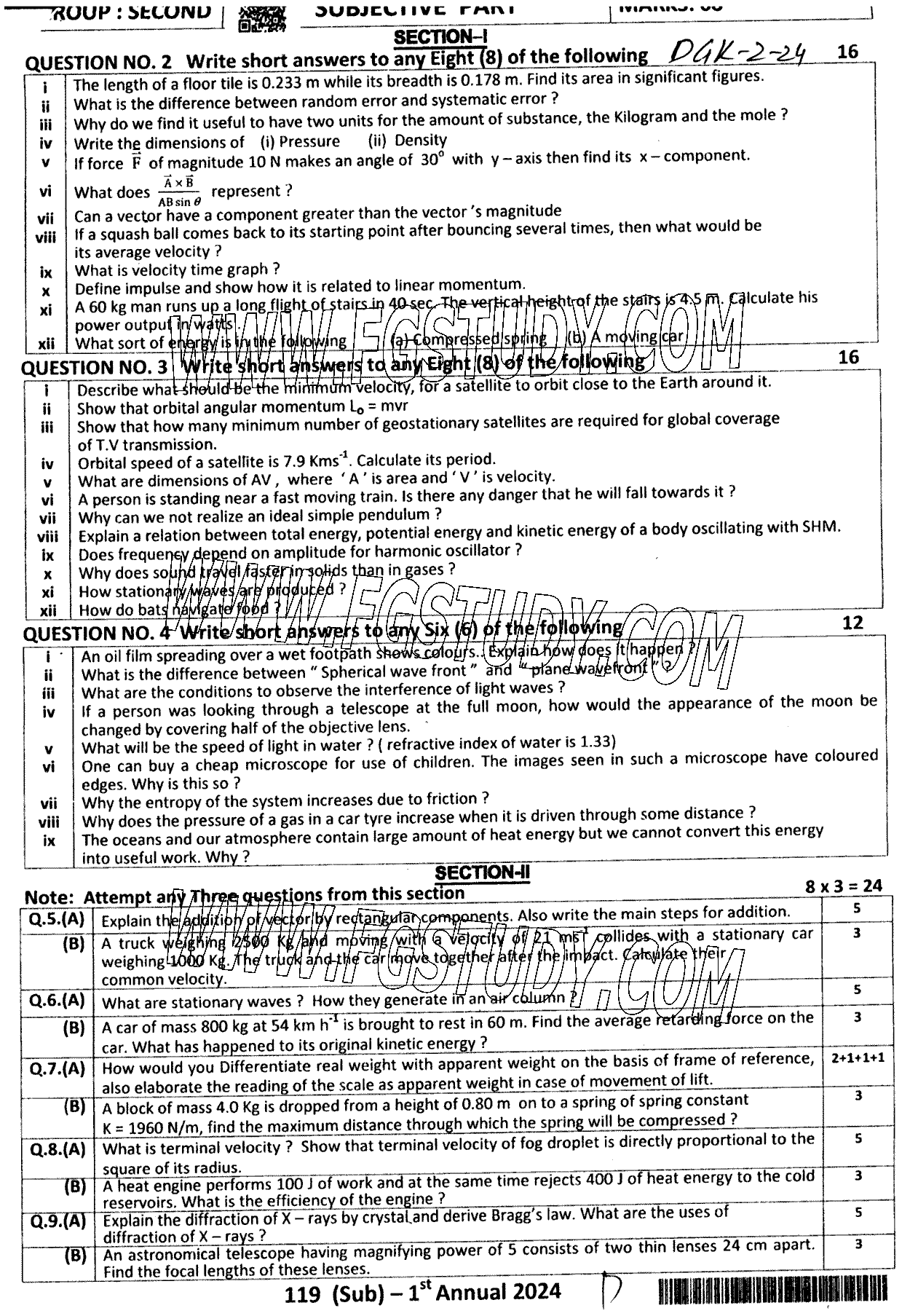 11th Class Physics Past Paper 2024 Dg Khan Board Group 2 Subjective