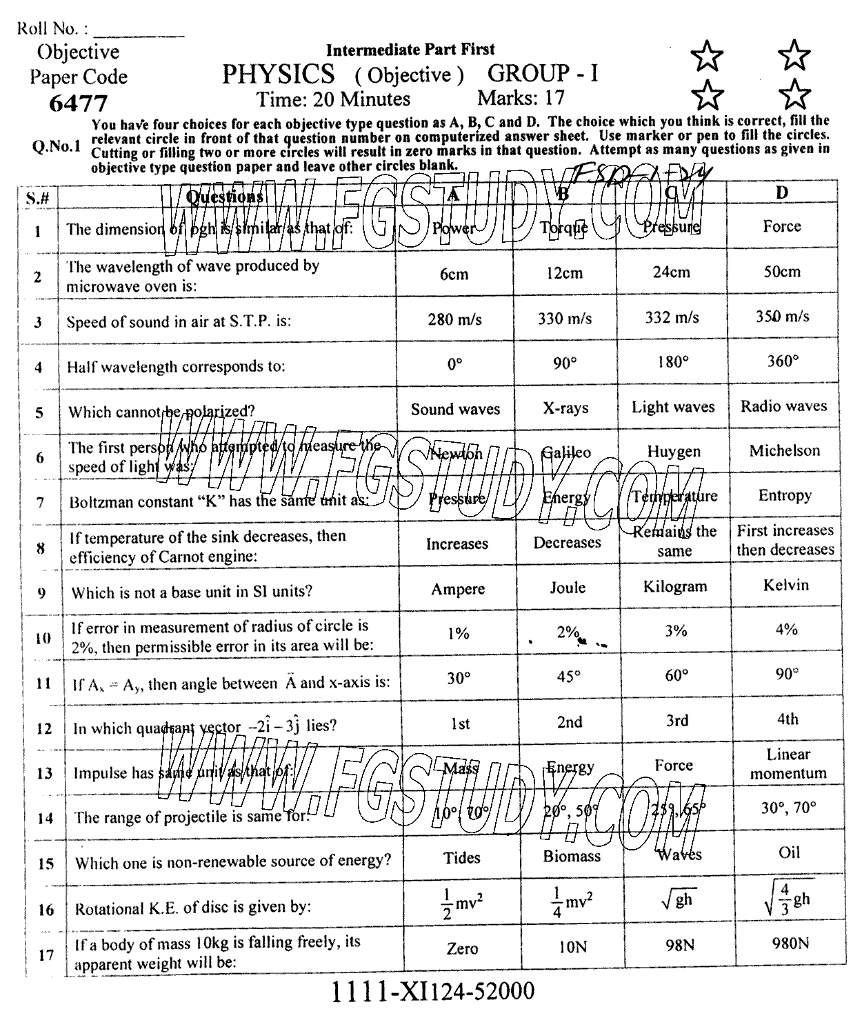 11th Class Physics Past Paper 2024 Faisalabad Board Group 1 Objective