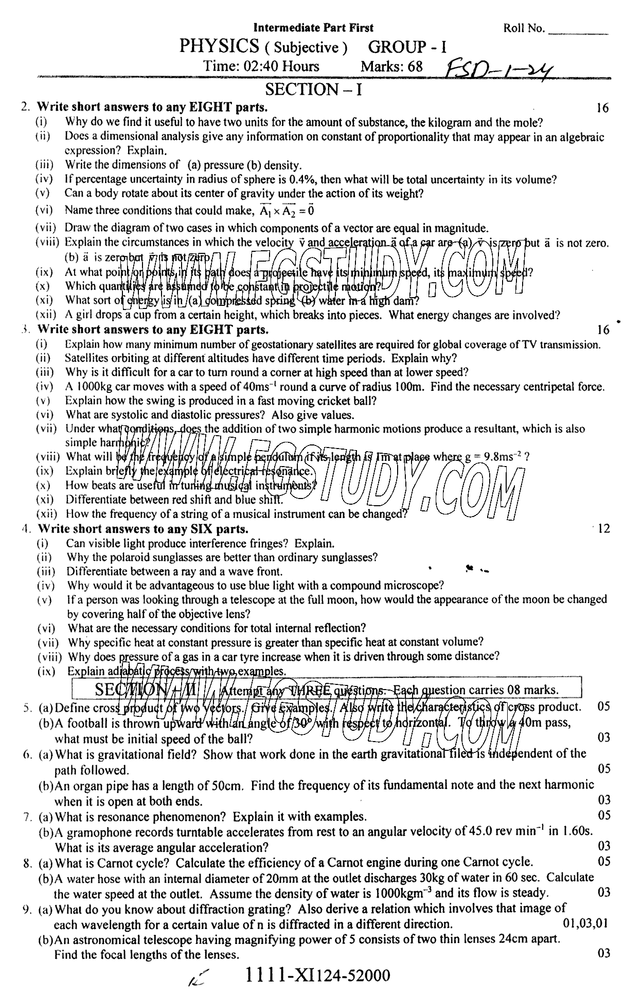 11th Class Physics Past Paper 2024 Faisalabad Board Group 1 Subjective