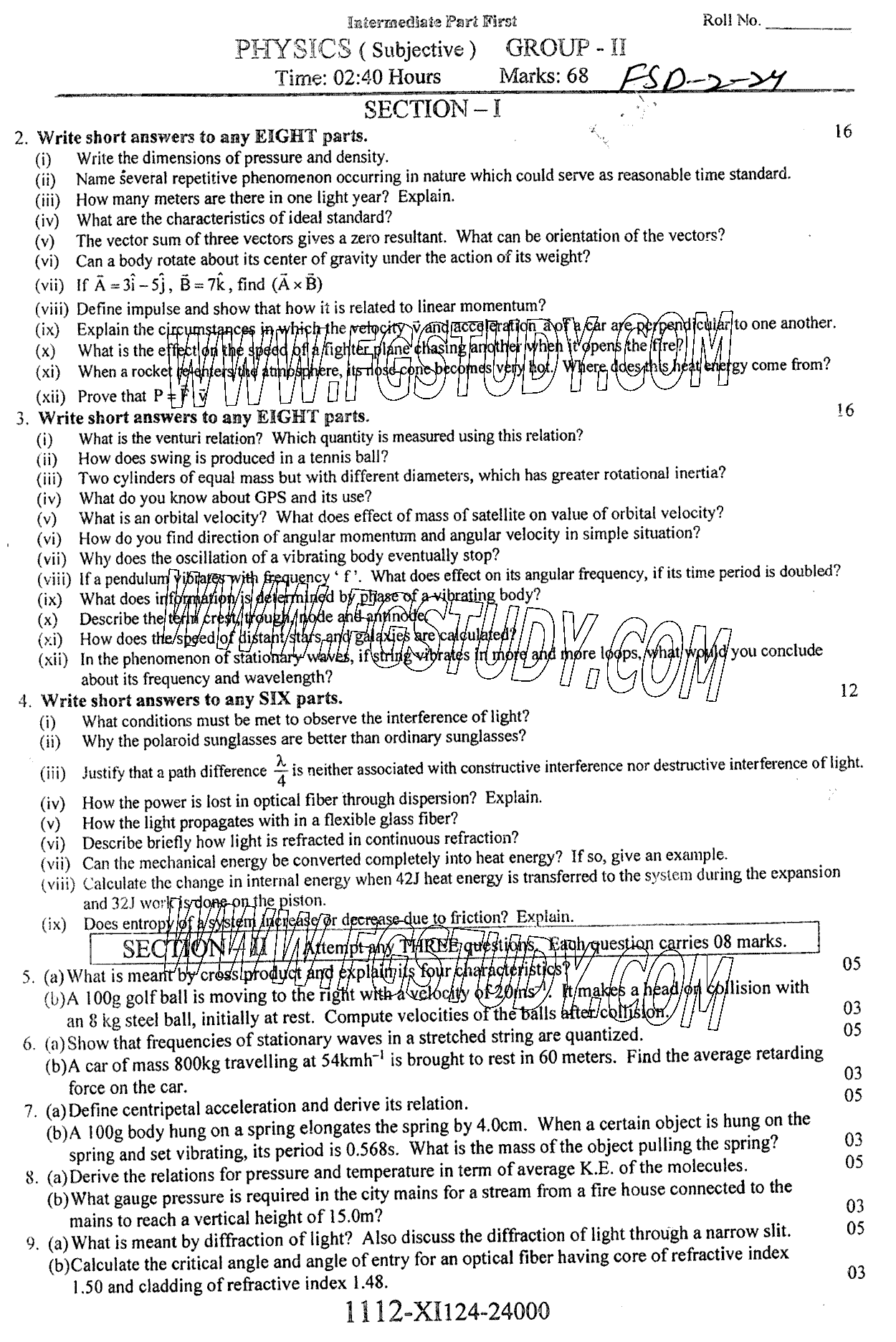 11th Class Physics Past Paper 2024 Faisalabad Board Group 2 Subjective
