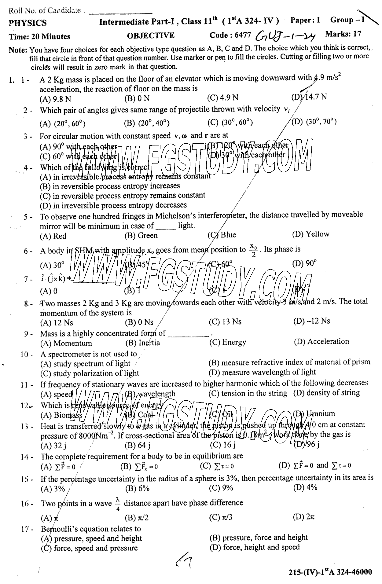 11th Class Physics Past Paper 2024 Gujranwala Board Group 1 Objective