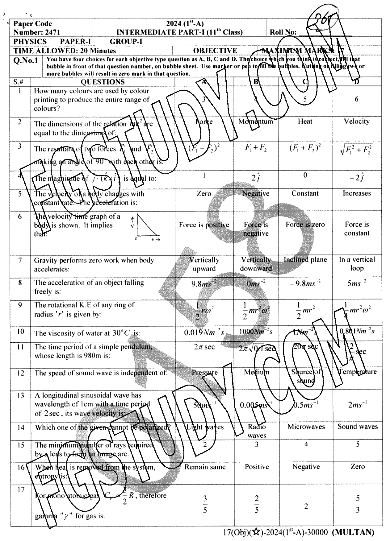 11th Class Physics Past Paper 2024 Multan Board Group 1 Objective