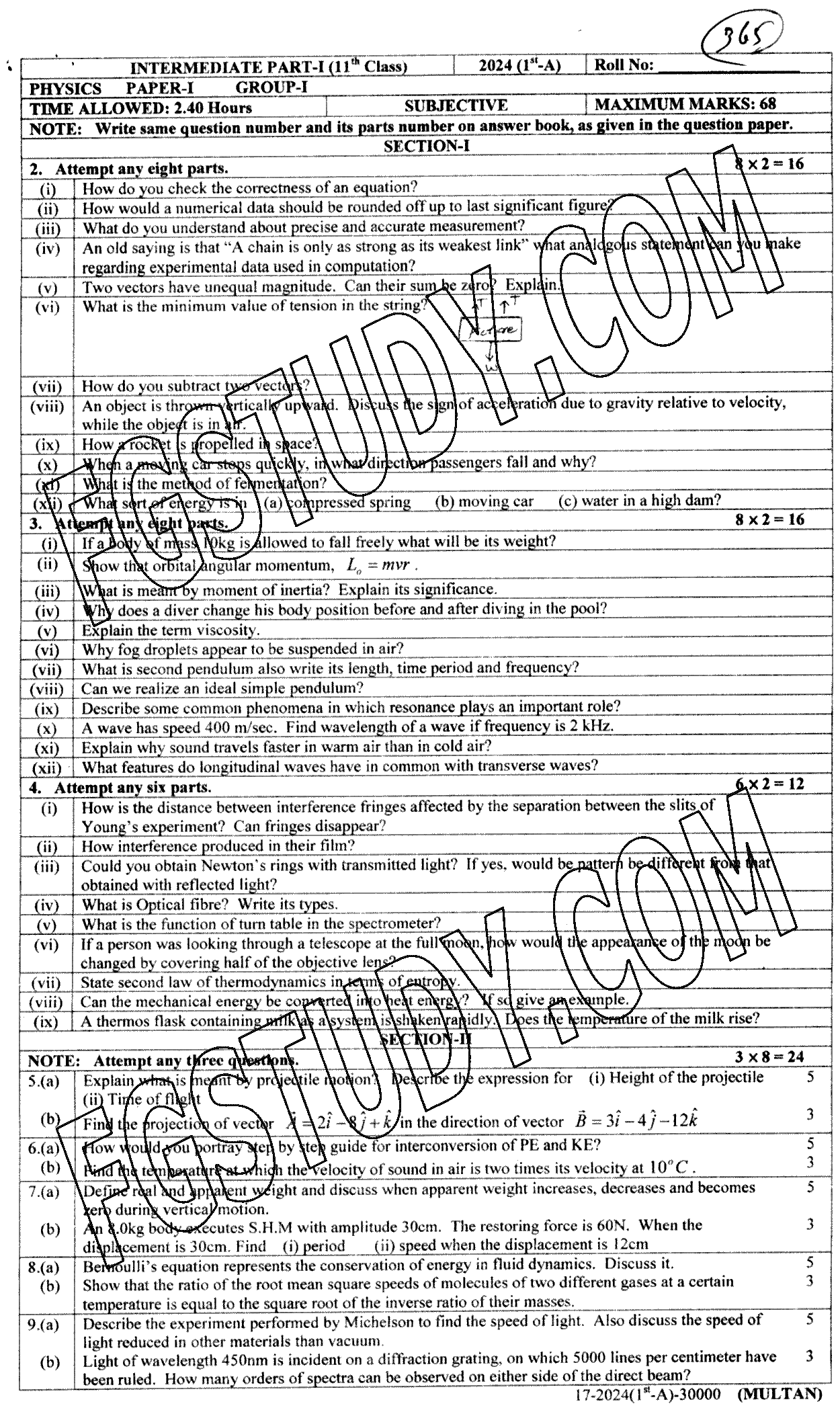 11th Class Physics Past Paper 2024 Multan Board Group 1 Subjective