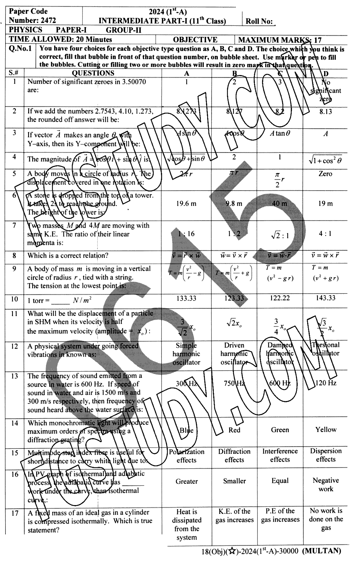 11th Class Physics Past Paper 2024 Multan Board Group 2 Objective