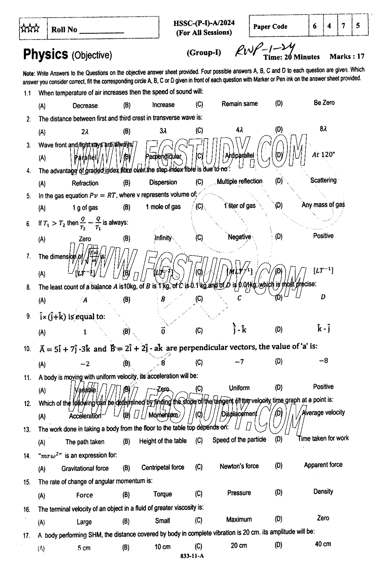 11th Class Physics Past Paper 2024 Rawalpindi Board Group 1 Objective