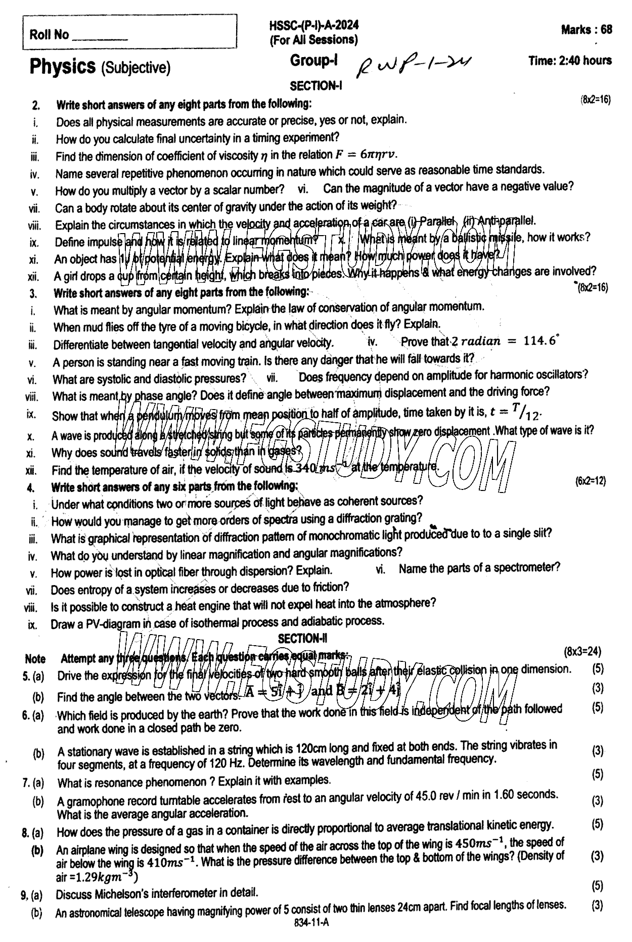 11th Class Physics Past Paper 2024 Rawalpindi Board Group 1 Subjective