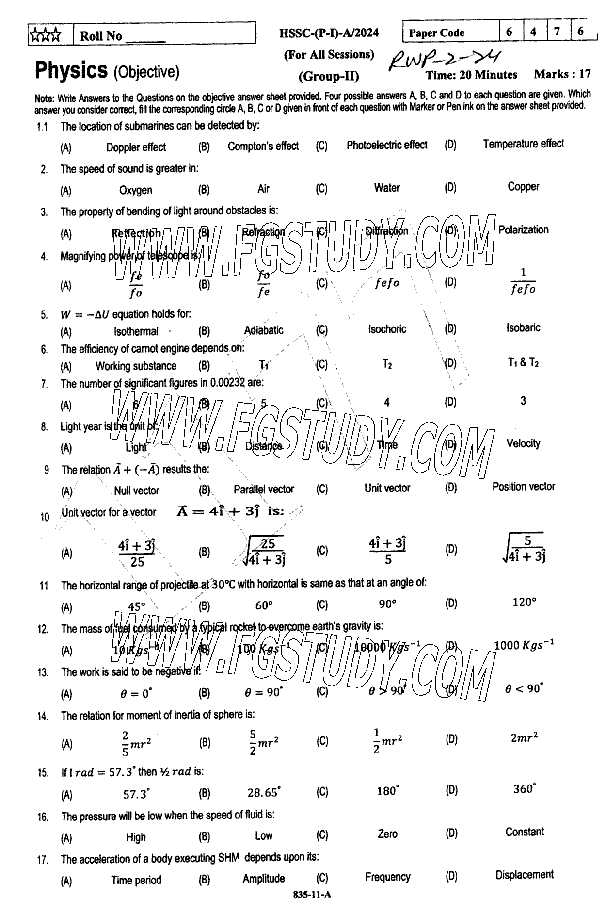 11th Class Physics Past Paper 2024 Rawalpindi Board Group 2 Objective