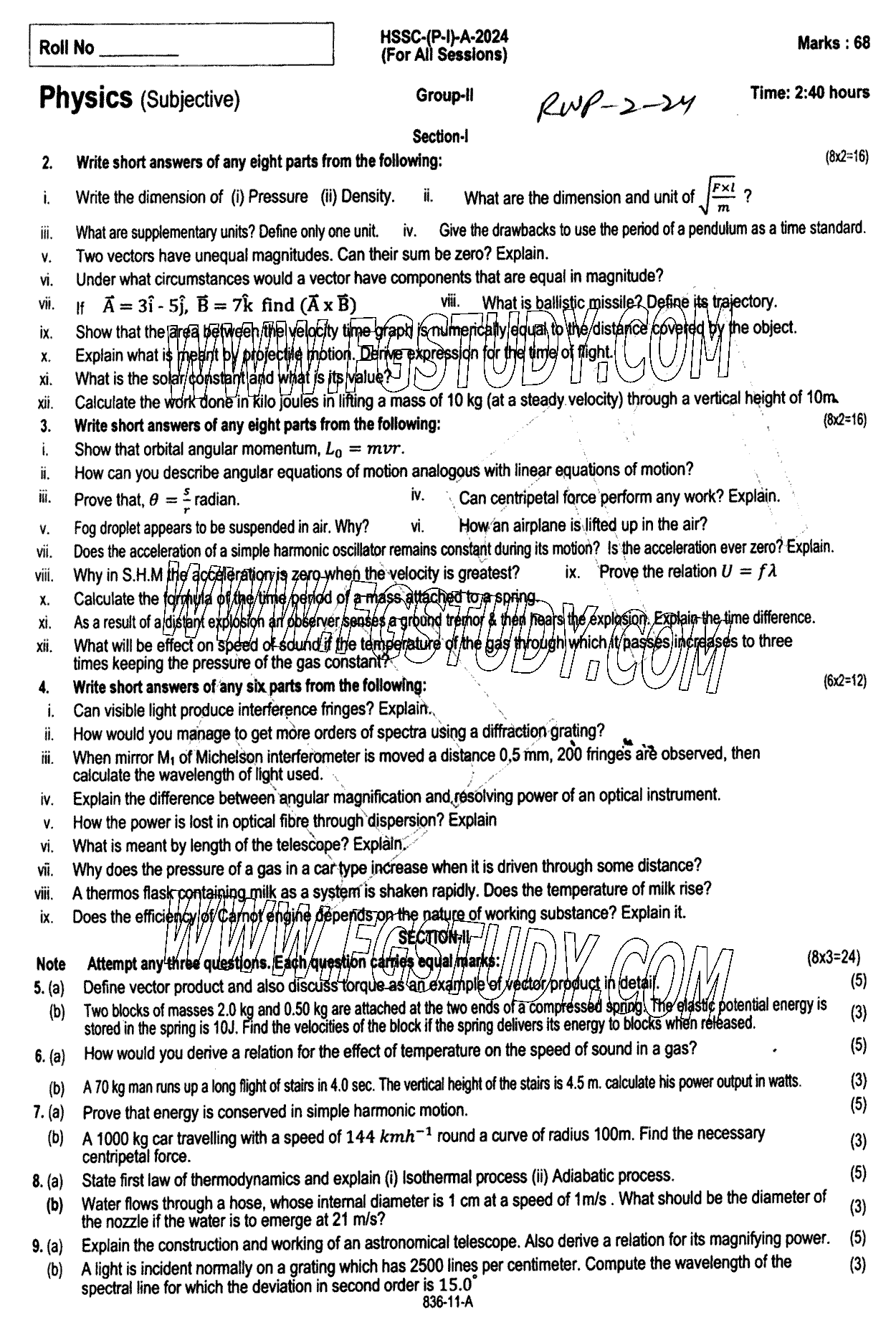 11th Class Physics Past Paper 2024 Rawalpindi Board Group 2 Subjective