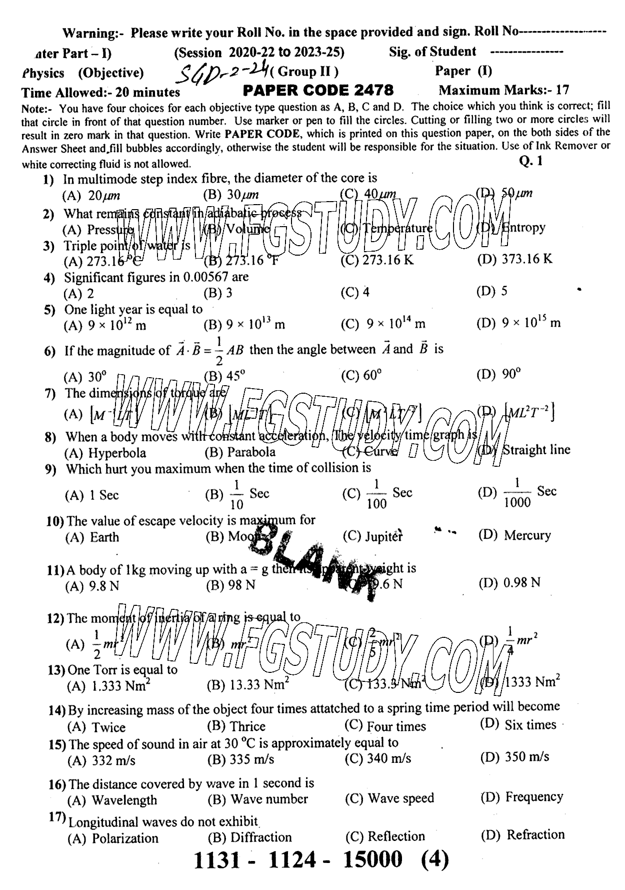 11th Class Physics Past Paper 2024 Sargodha Board Group 2 Objective