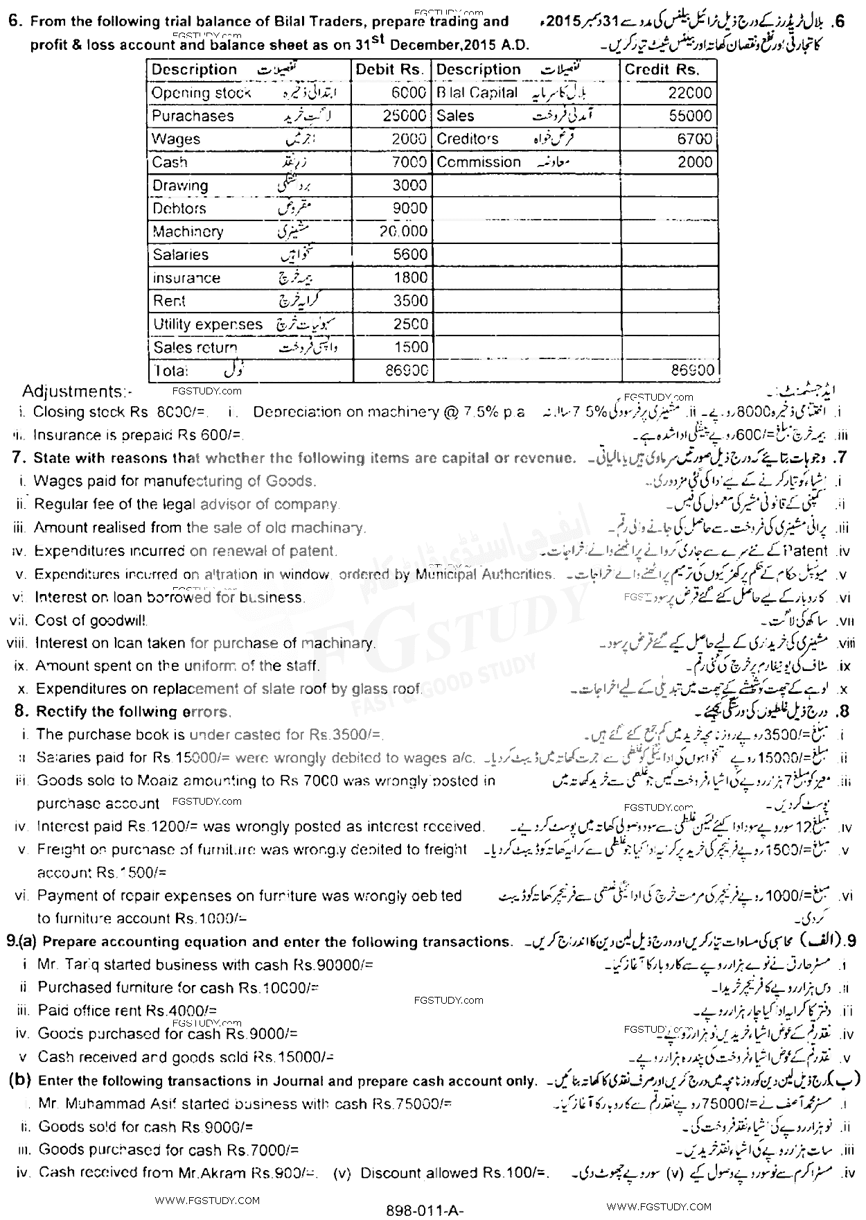 11th Class Principles Of Accounting Past Paper 2016 Rawalpindi Board Subjective