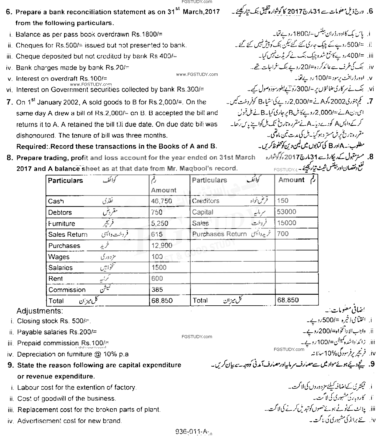 11th Class Principles Of Accounting Past Paper 2018 Rawalpindi Board Subjective