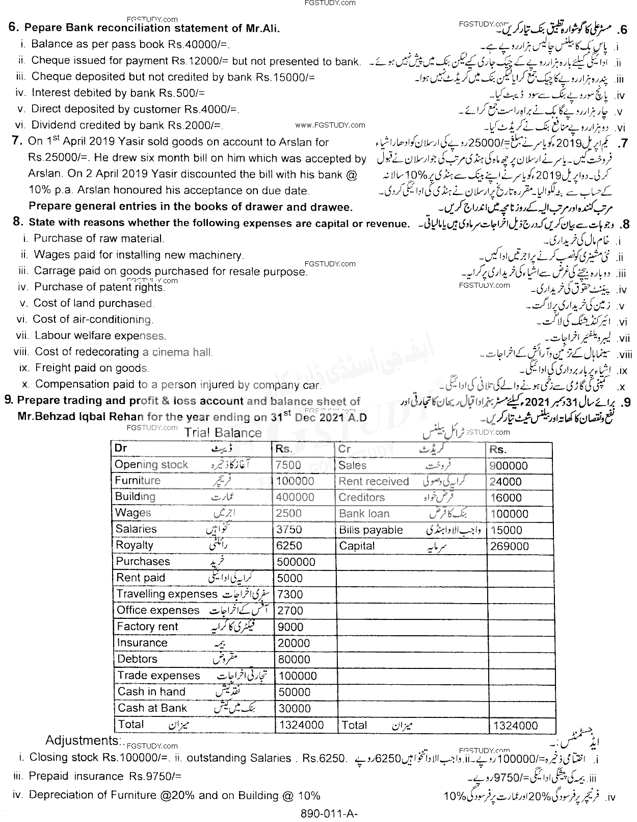11th Class Principles Of Accounting Past Paper 2021 Rawalpindi Board Subjective