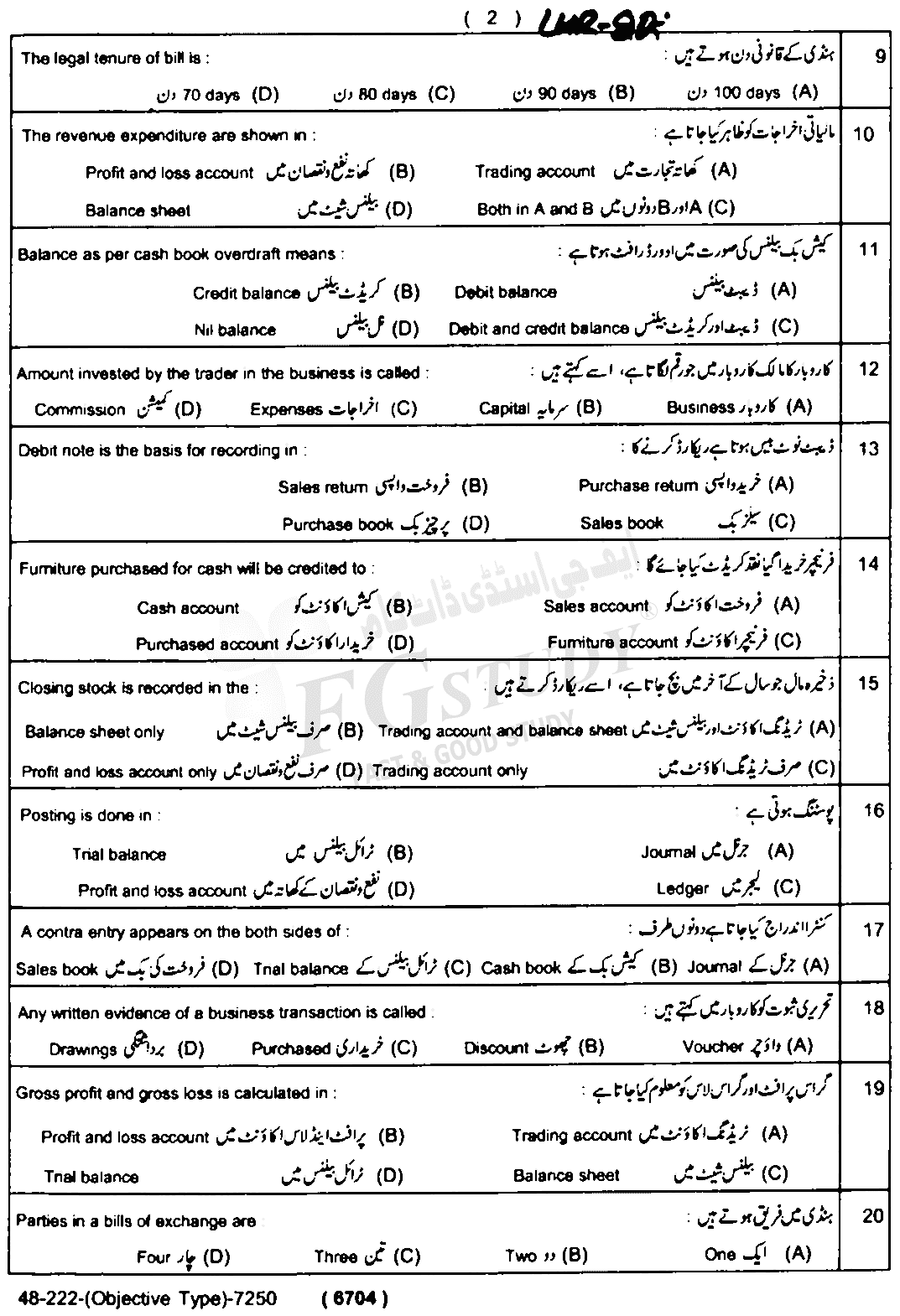 11th Class Principles Of Accounting Past Paper 2022 Lahore Board Objective