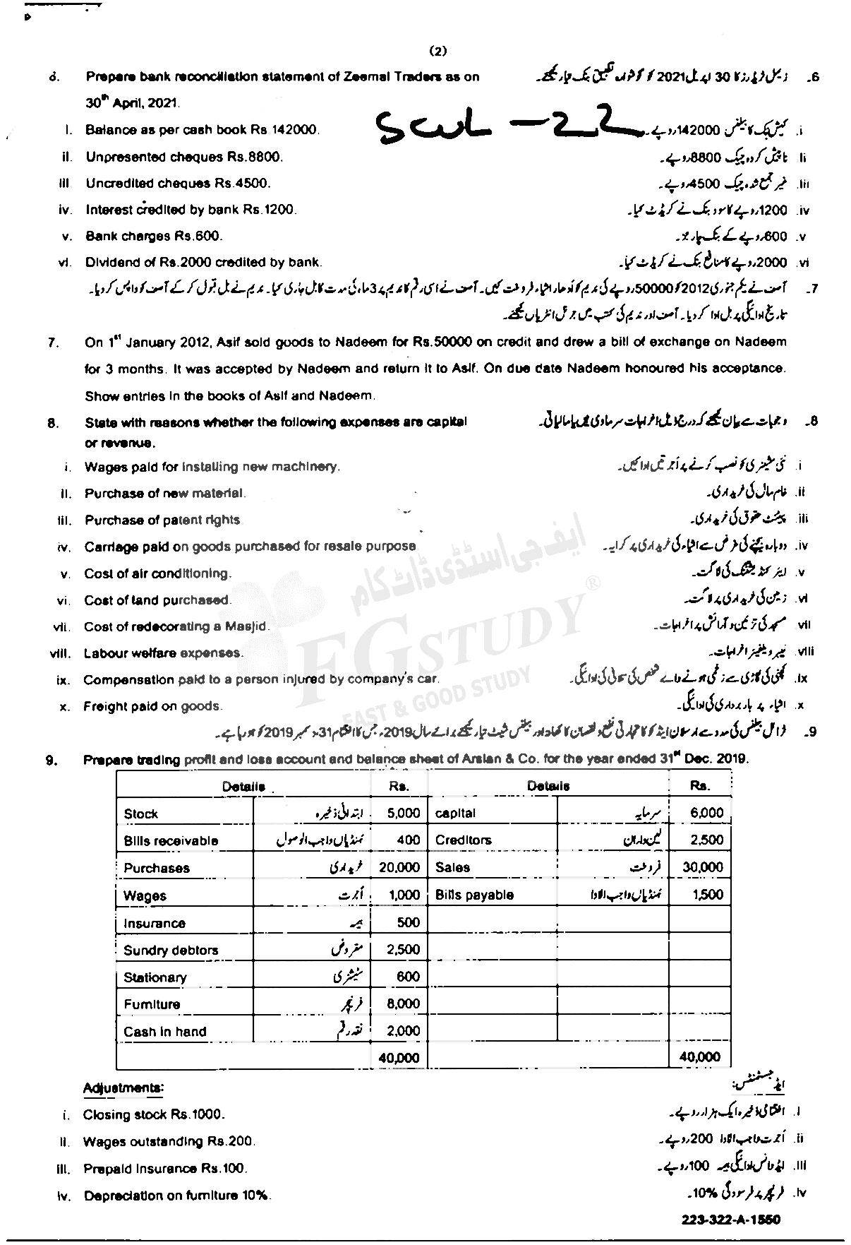 11th Class Principles Of Accounting Past Paper 2022 Sahiwal Board Subjective